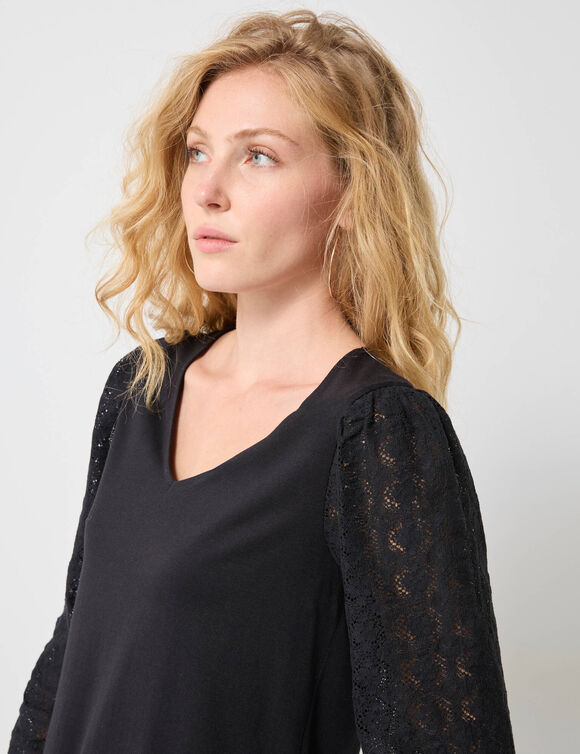 T-shirt col V manches dentelle (noir) T-shirt col V manches dentelle (noir)